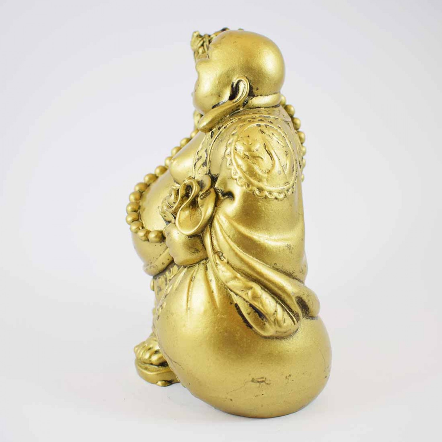 Brass Color Poly Resin Laughing Buddha With Wealth Bag On